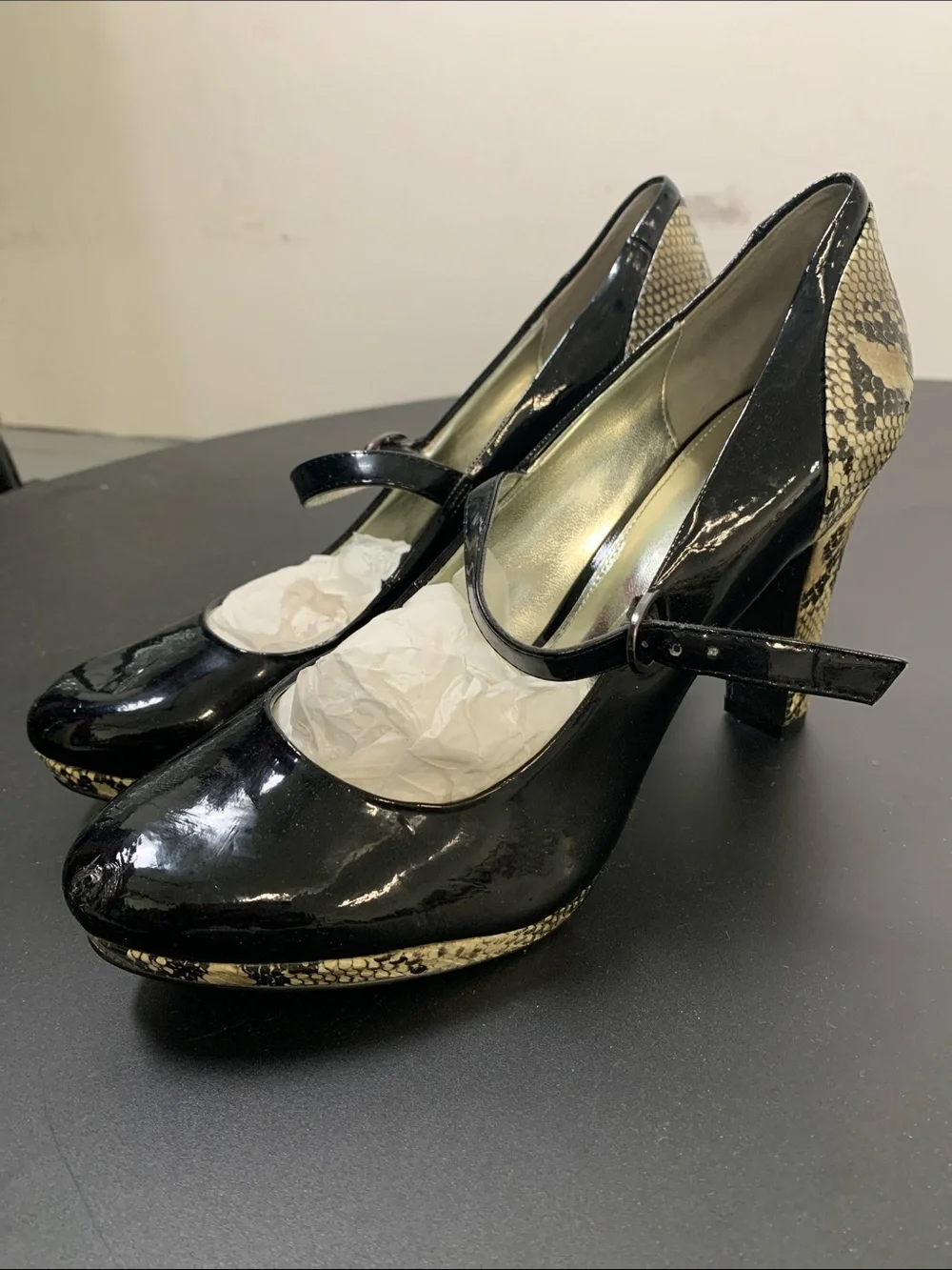 Alfani Black Patent Mary Jane Pumps with Snake-Print Accents